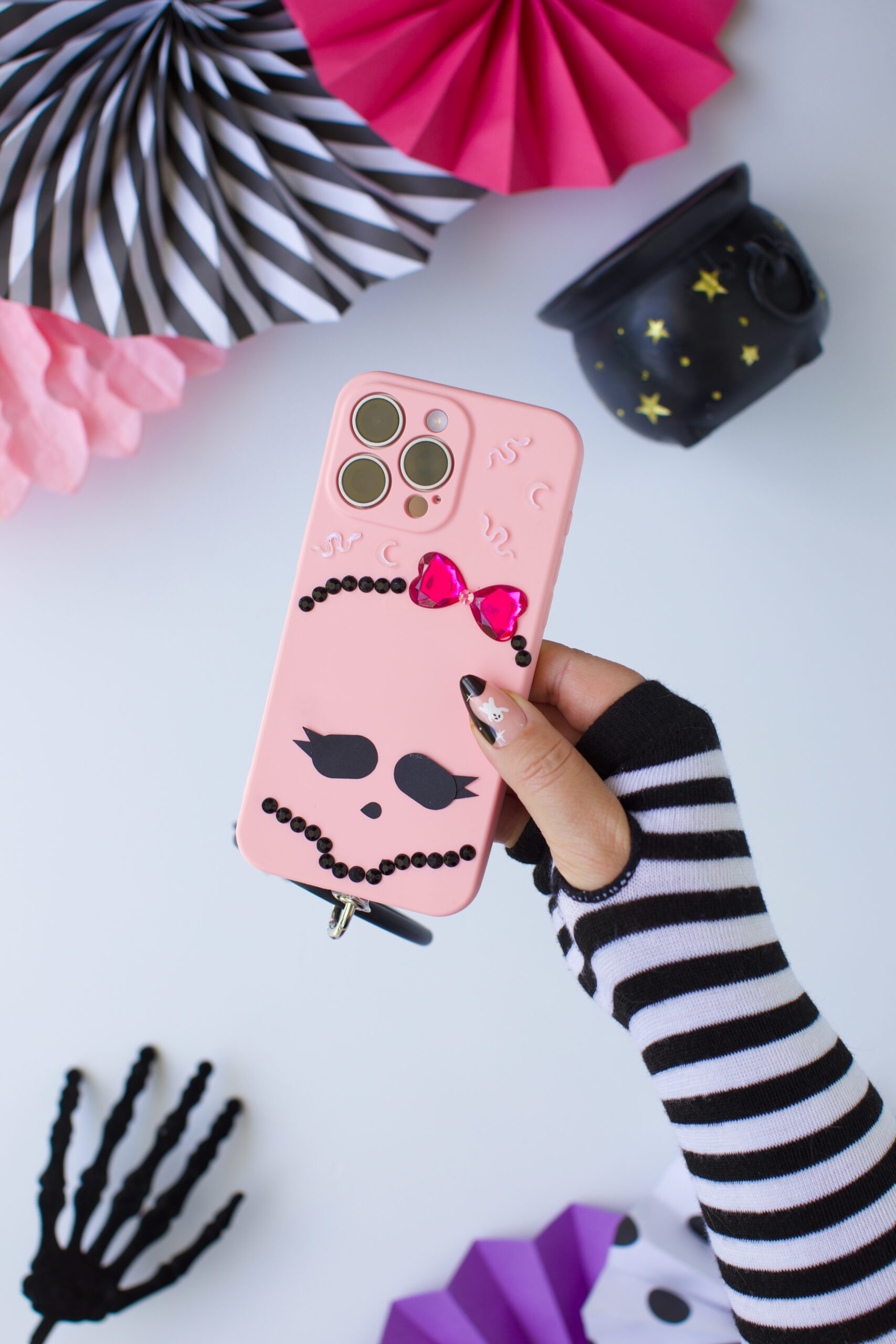 pink monster high phone case decorated with rhinestones