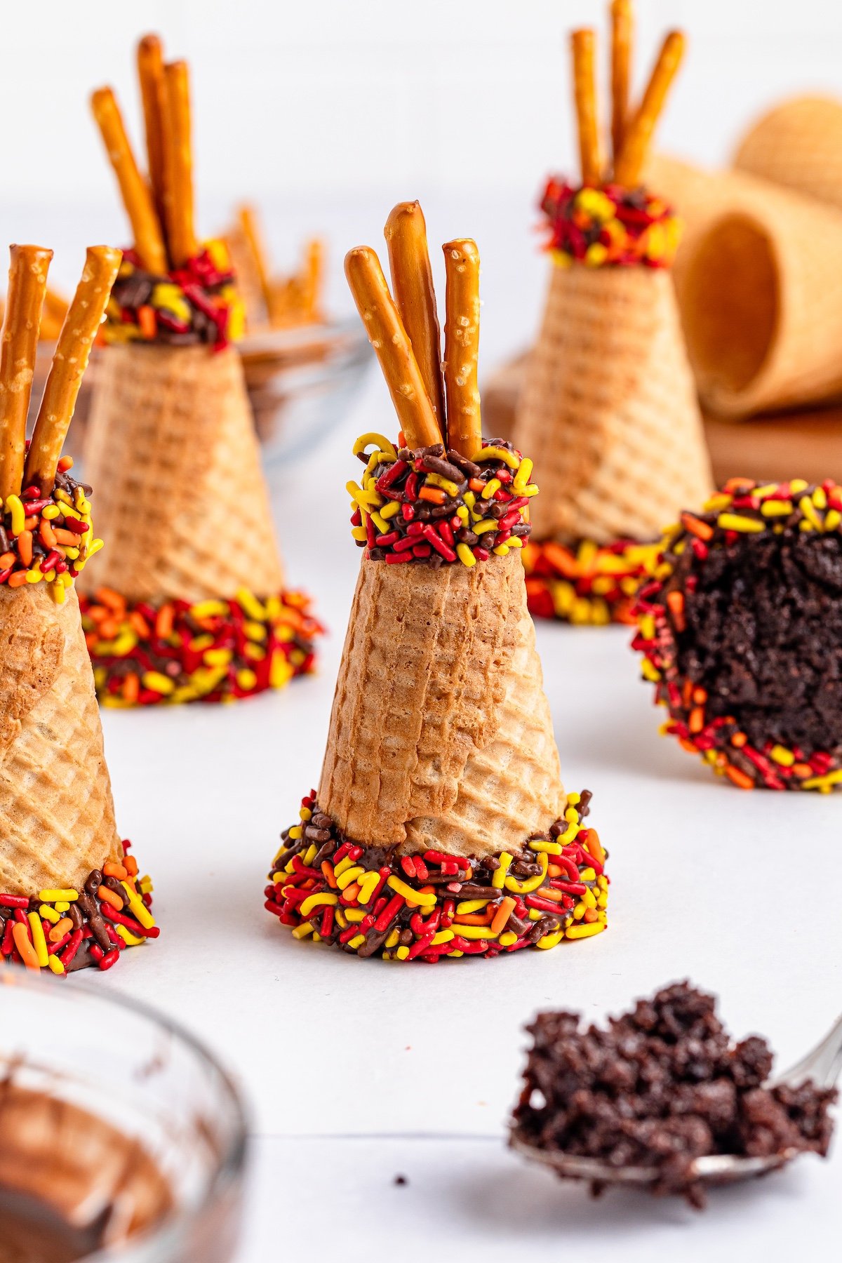 cones with pretzels on top