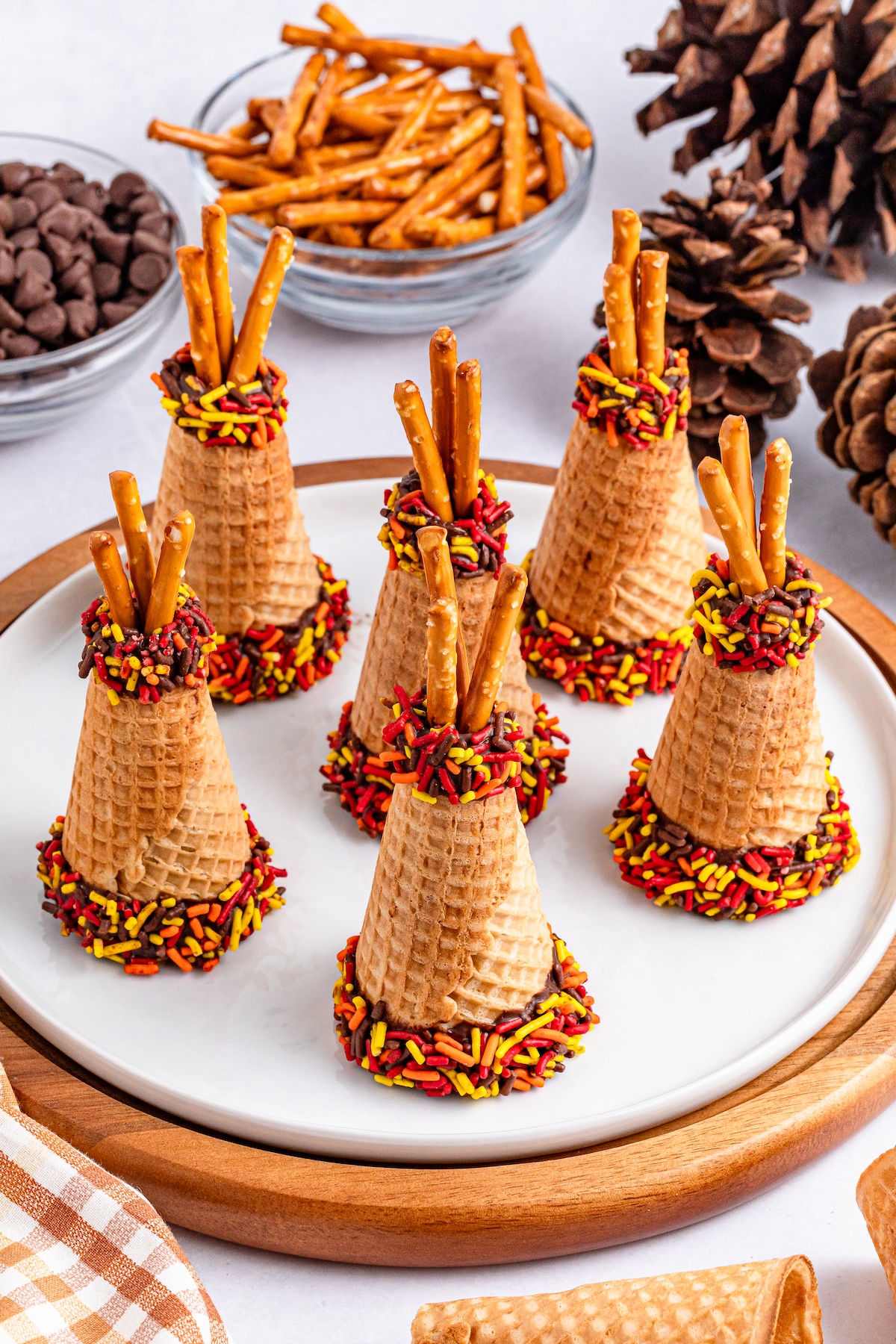 teepee cake cones on a white tray