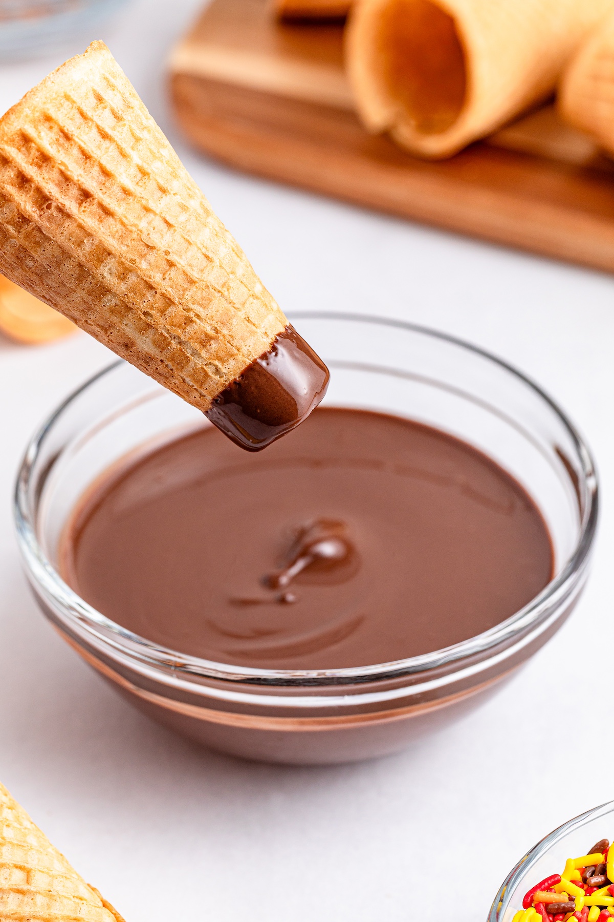 dipping cones in chocolate