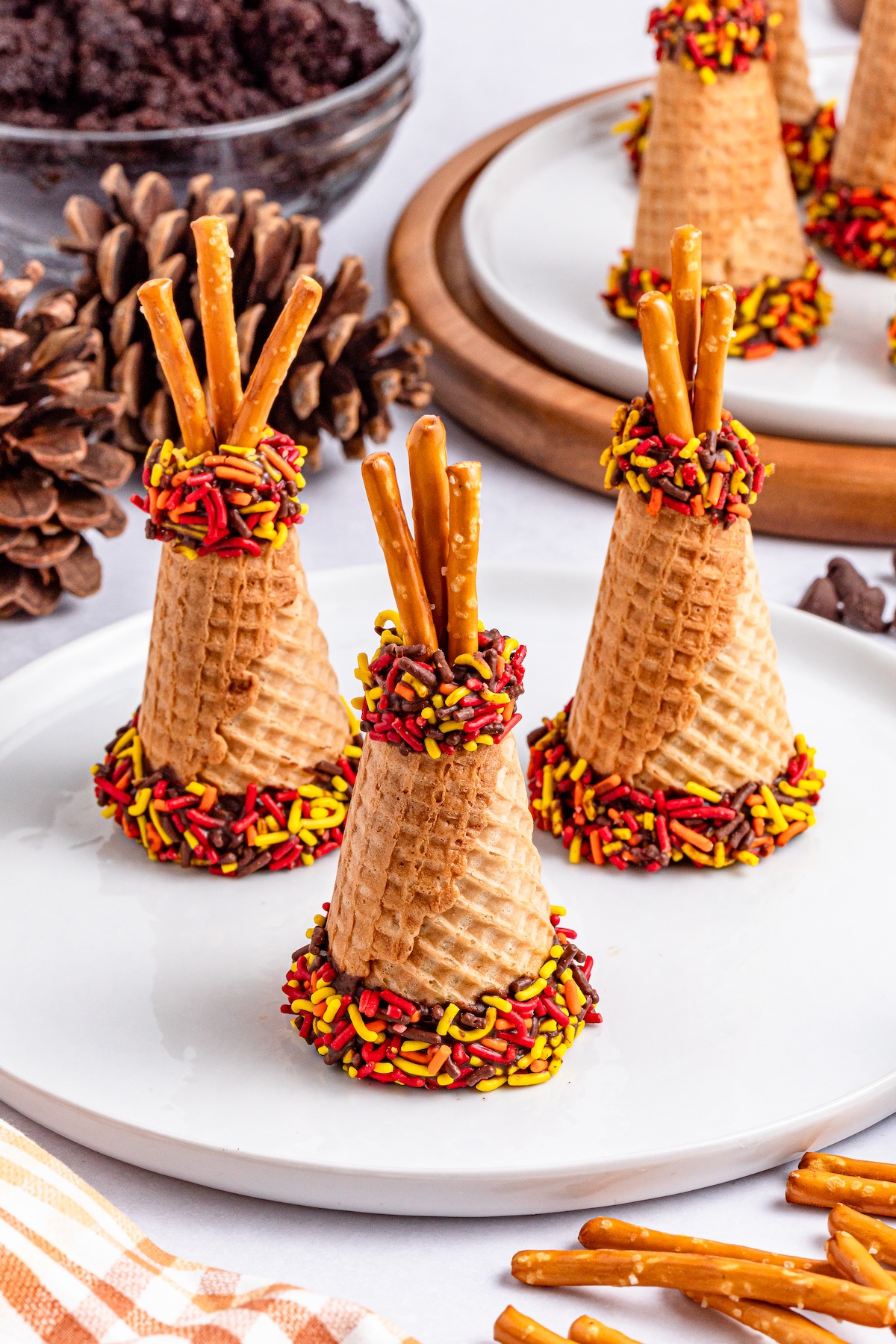 teepee cake cones on a white plate