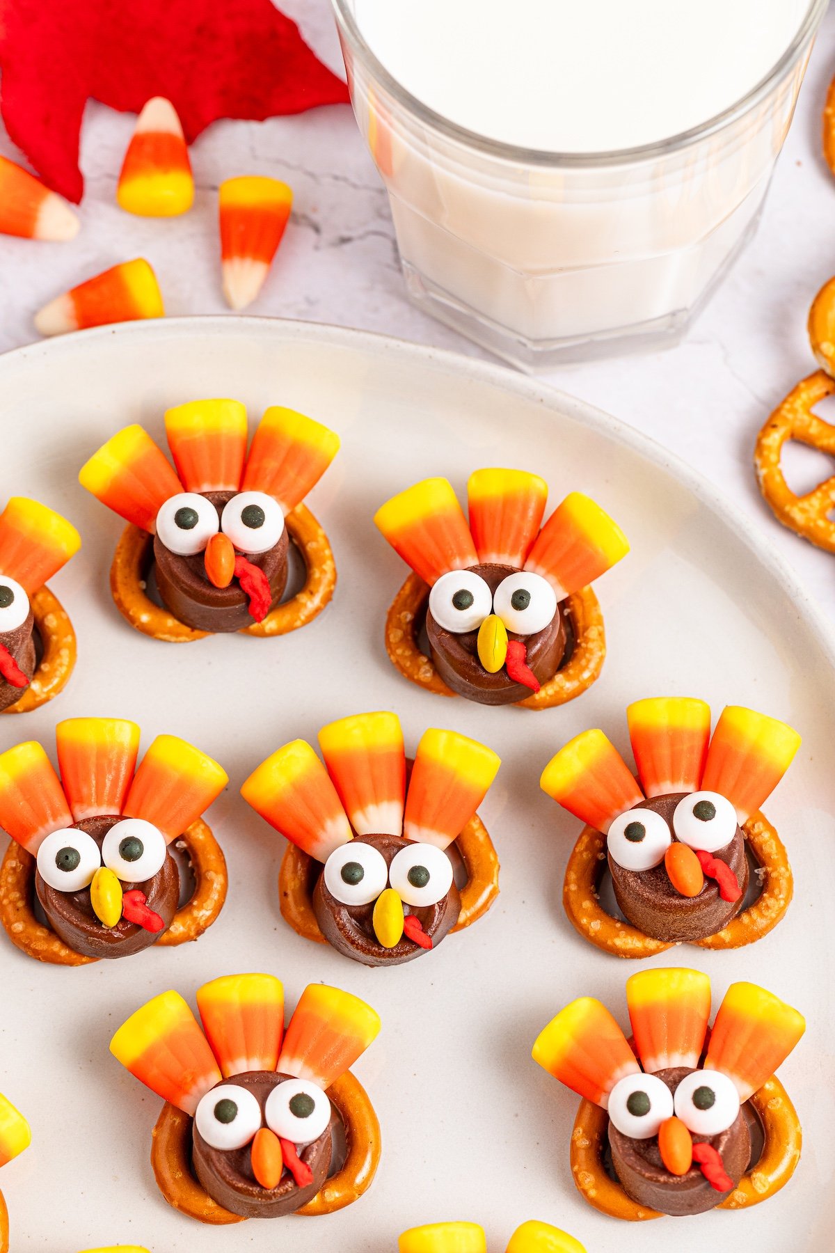 mini pretzel turkeys on a white plate