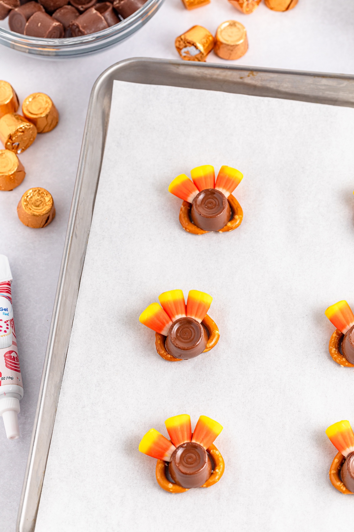 candy corn on rolos and pretzels