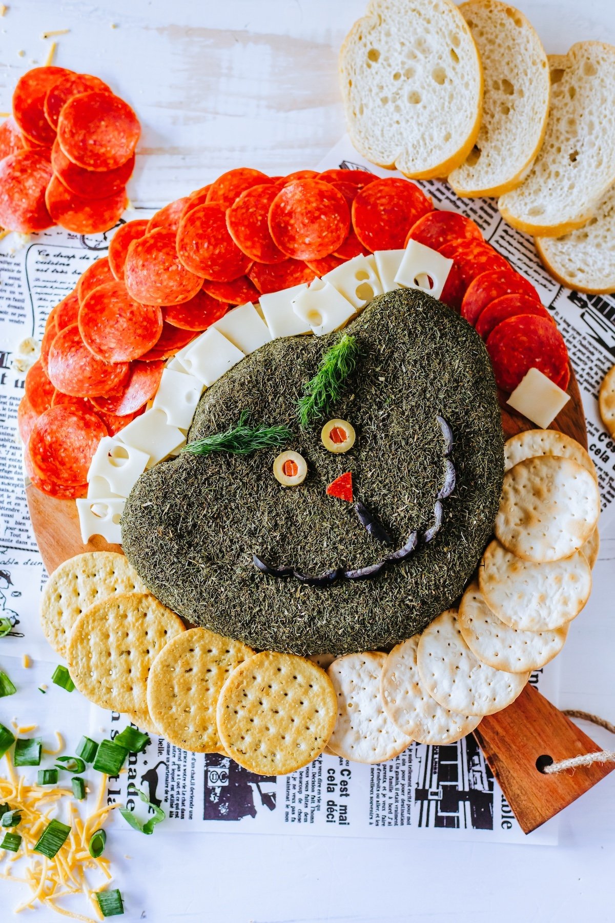 Grinch cheeseball on a plate