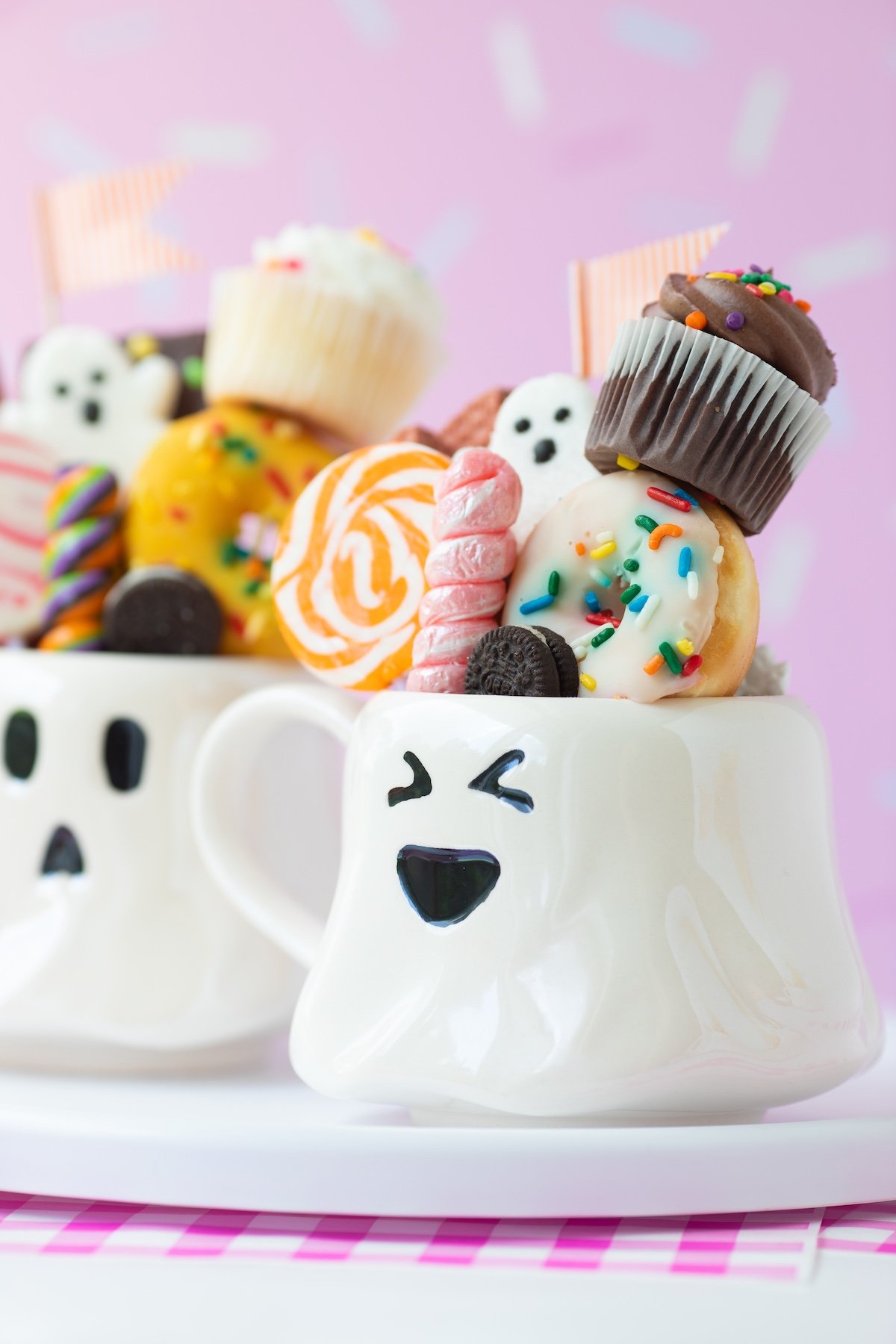 cute walmart ghost mug filled with candy and mini desserts