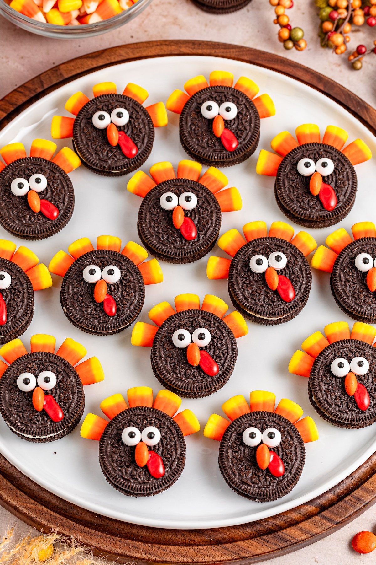 oreo turkey cookies on a white plate