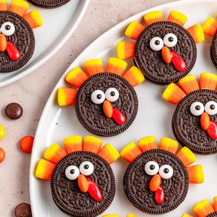 oreo cookie turkeys on a white plate