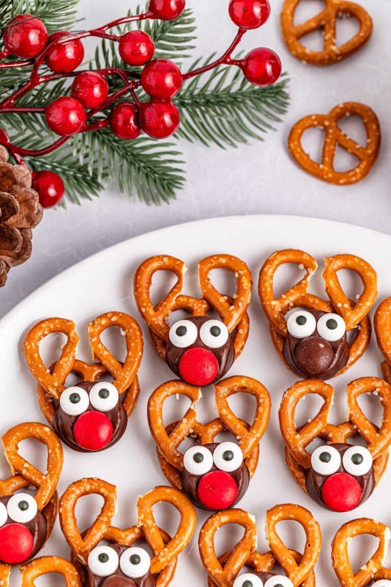 Reindeer Pretzels on a white plate