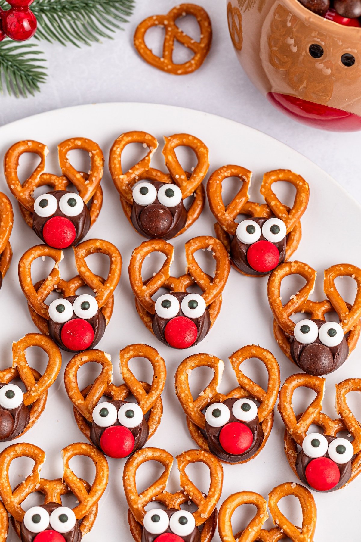 reindeer pretzels on a white plate