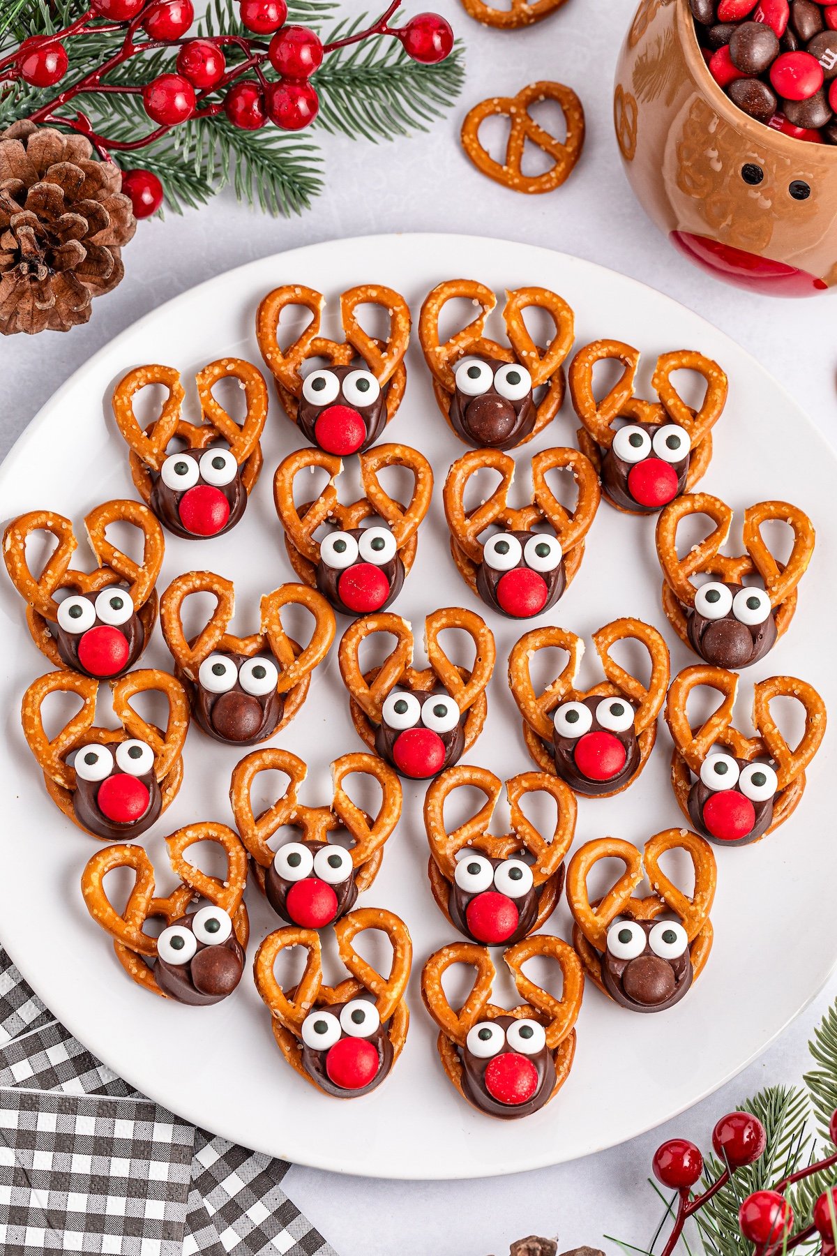 Reindeer Pretzels on a white plate on a white plate