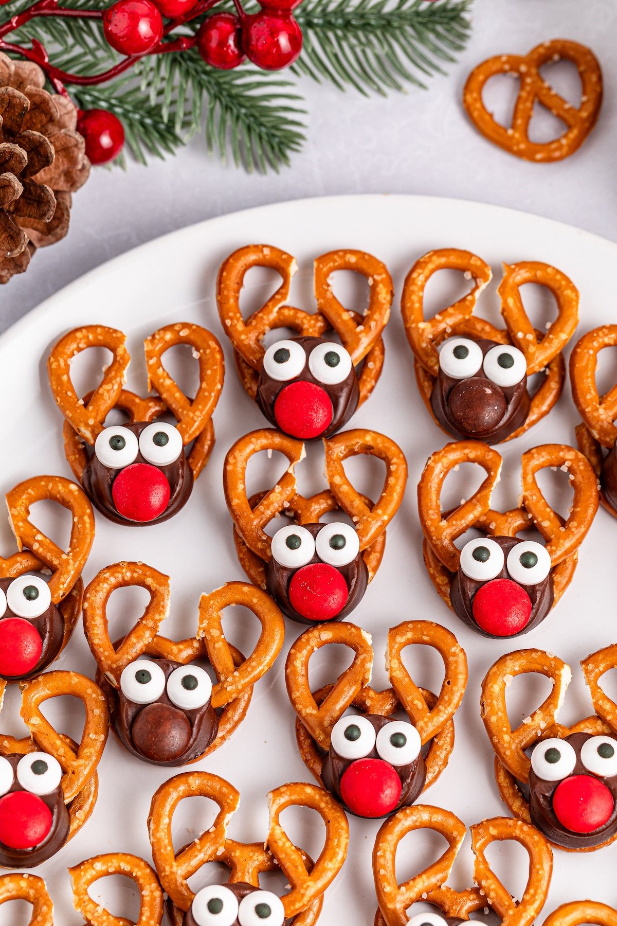 Reindeer Pretzels on a white plate on a white plate