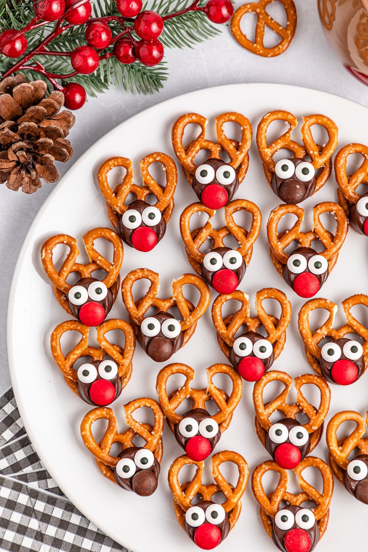 Reindeer Pretzels on a white plate