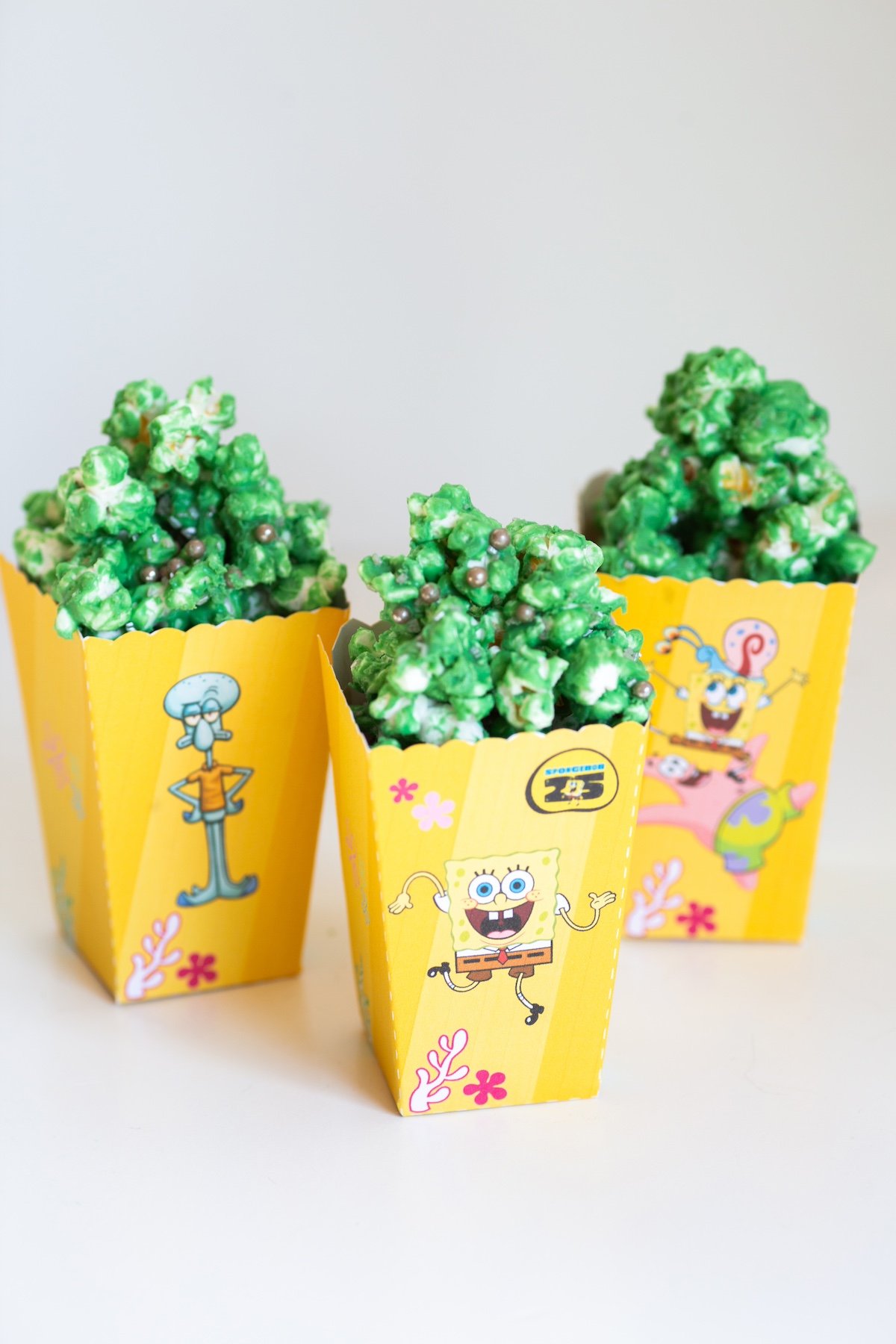 SpongeBob Kelp Popcorn served in printable themed popcorn boxes.