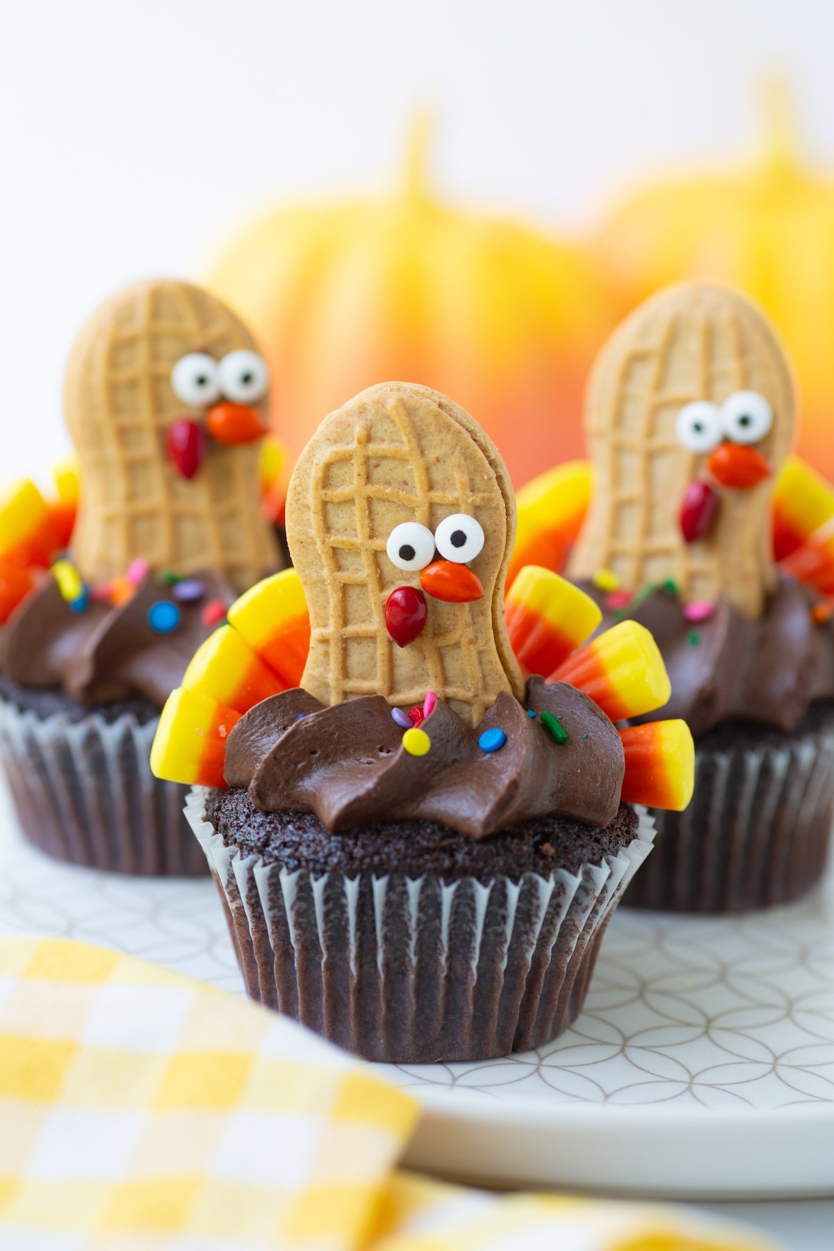 Cute little chocolate turkey cupcakes with sprinkles. 