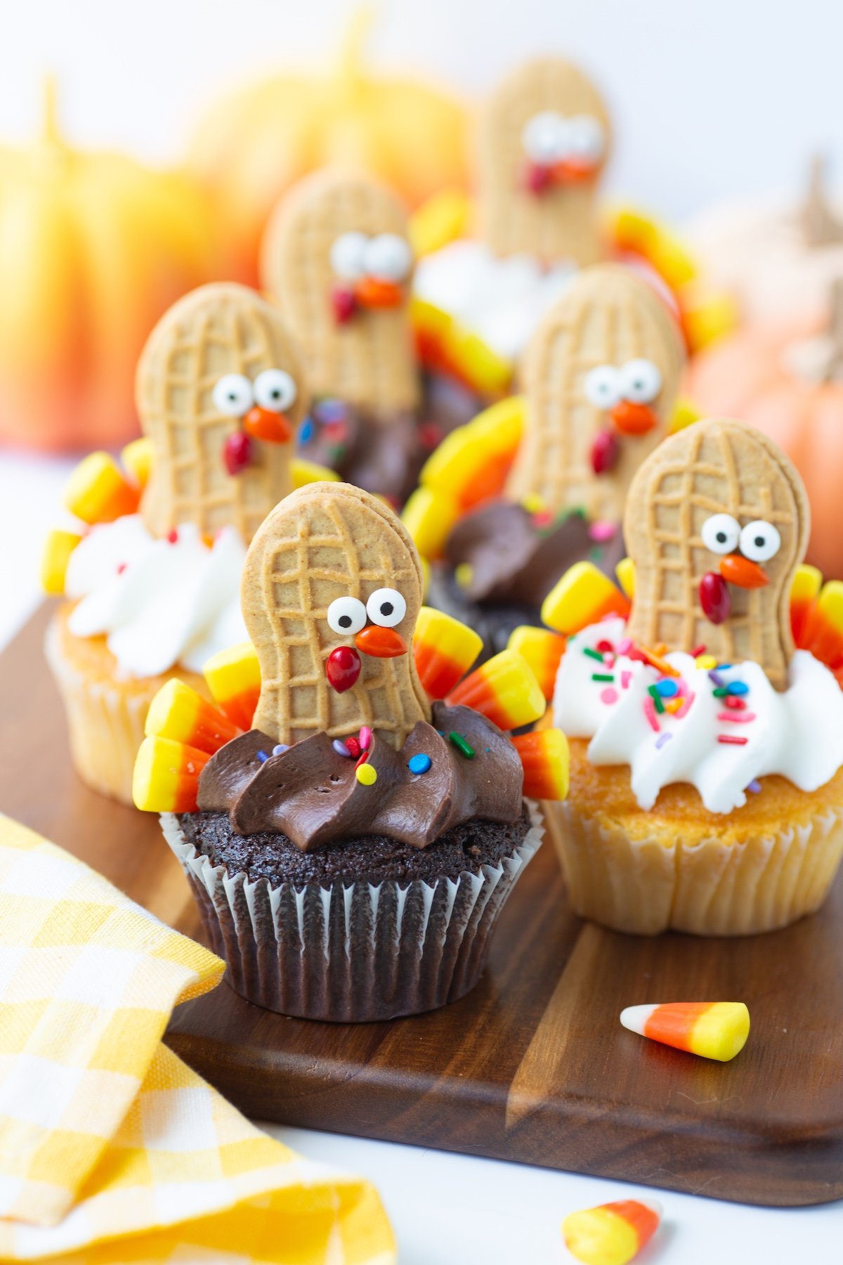 chocolate and vanilla frosted turkey cupcakes for thanksgiving