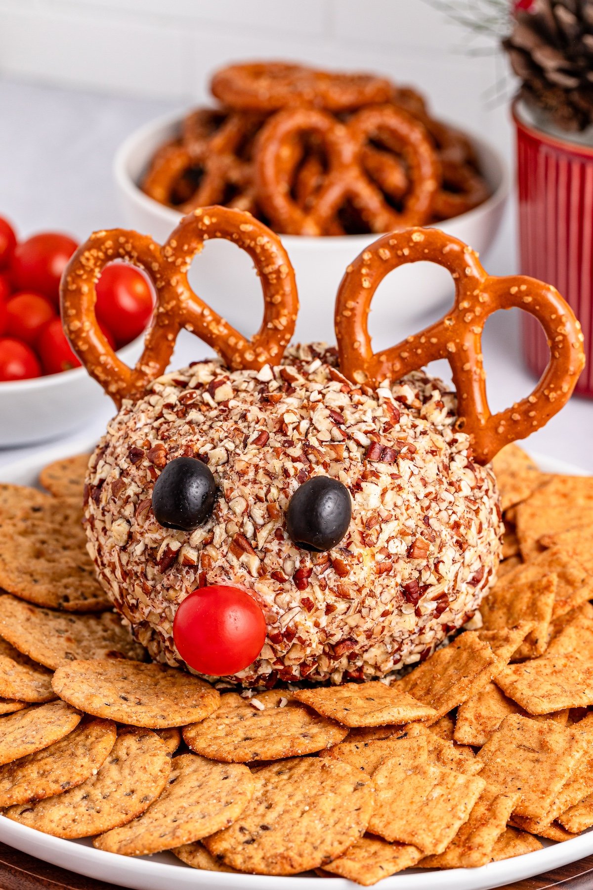 Reindeer Cheese Ball with crackers on the plate