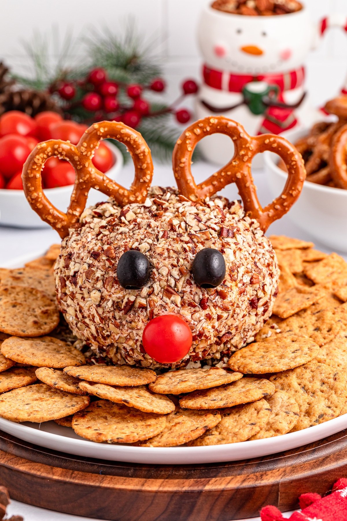 Reindeer Cheese Ball with crackers on the plate