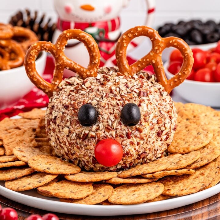 Reindeer Cheese Ball with crackers on the plate