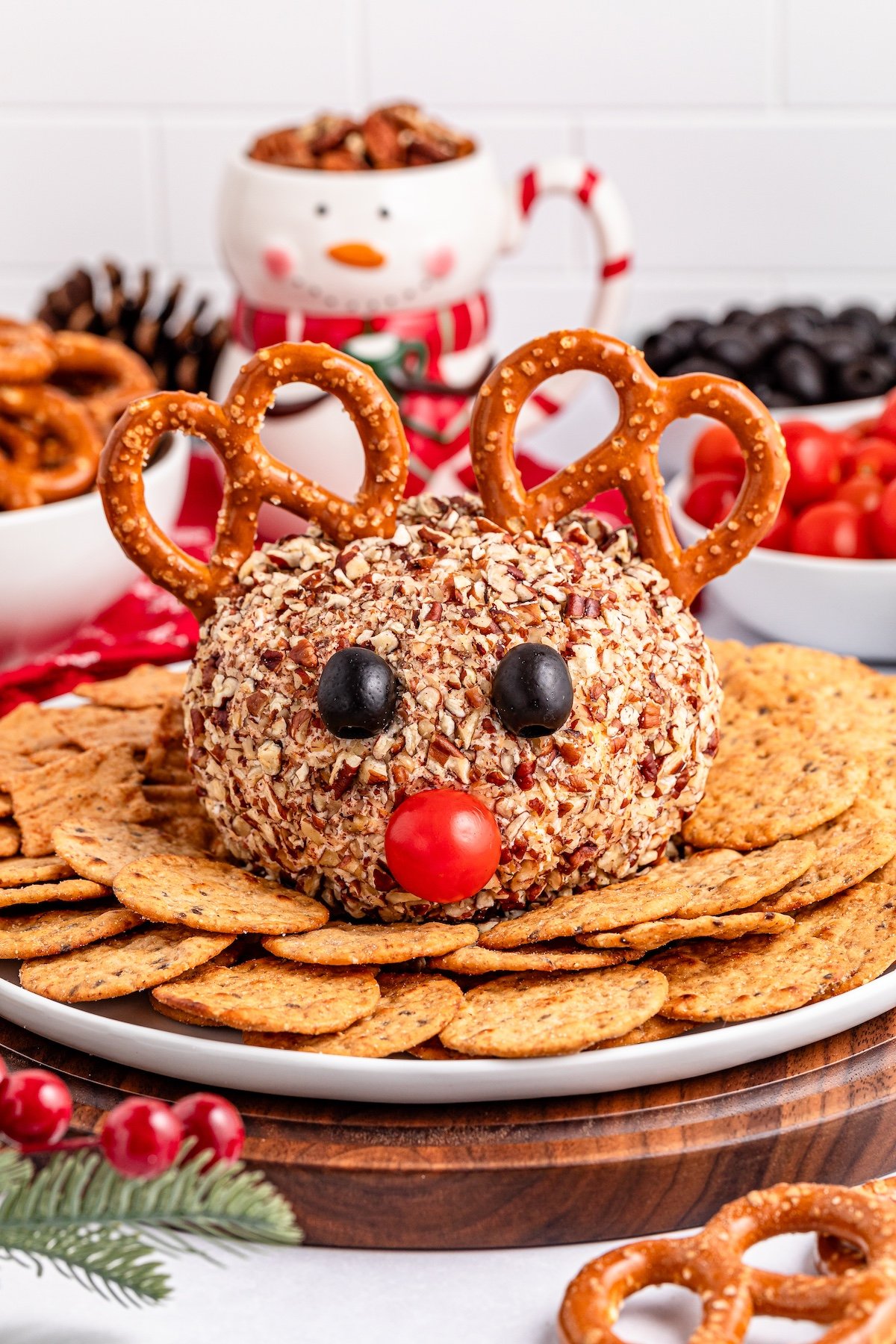 Reindeer Cheese Ball with crackers on the plate