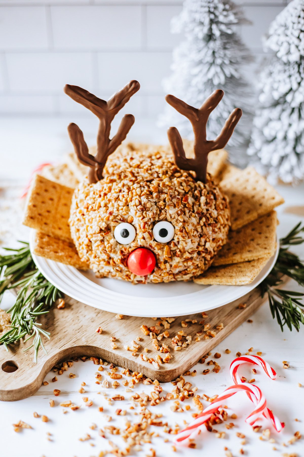 reindeer dessert cheeseball on a white plate