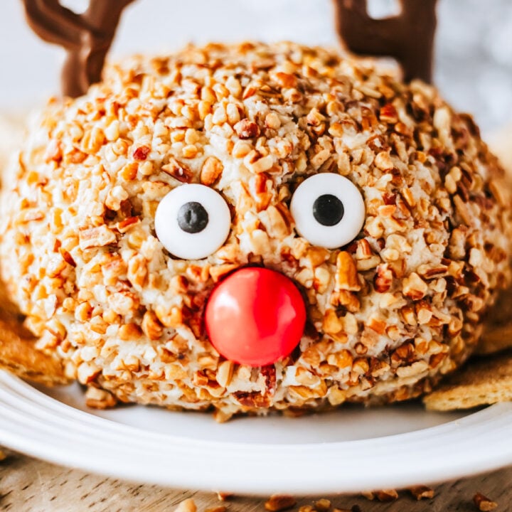 butter pecan cheese ball on a white plate