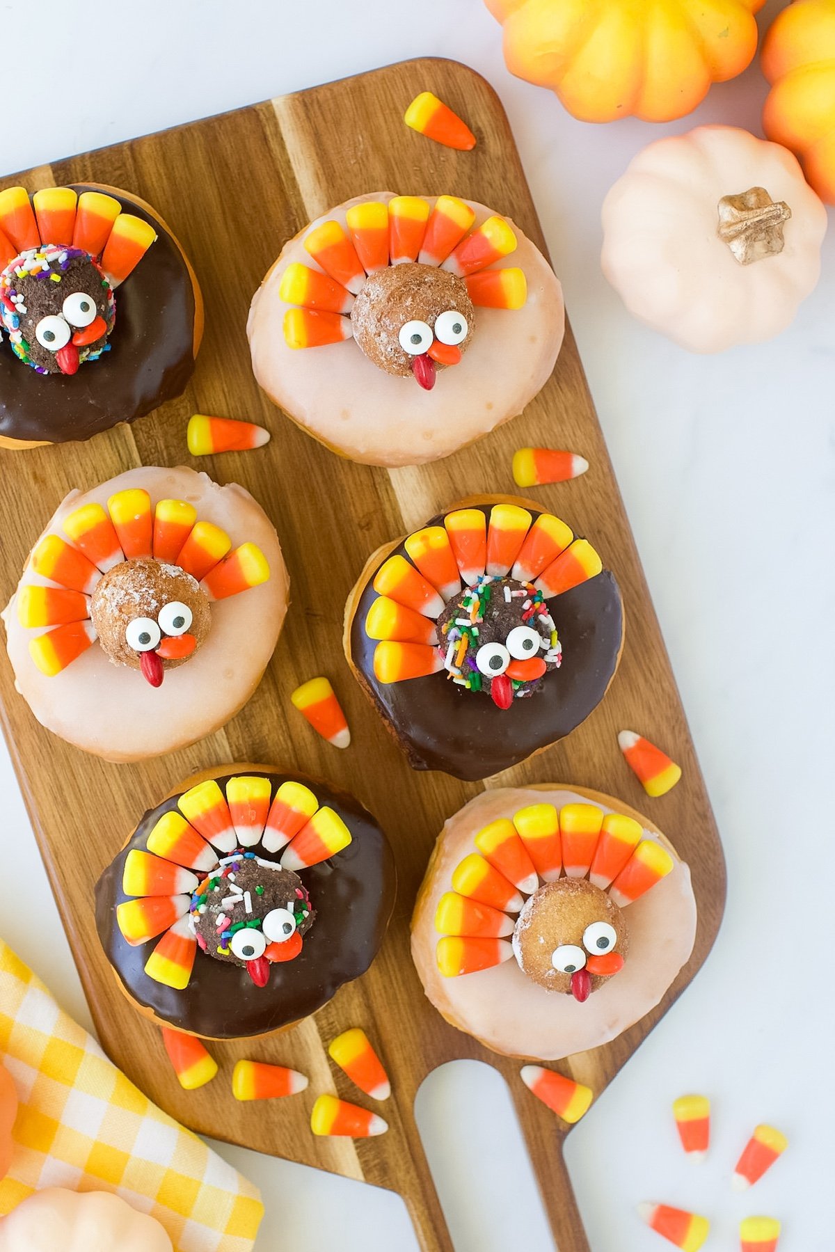 Over the top view of Candy Corn Turkey Donuts and Donut Holes.