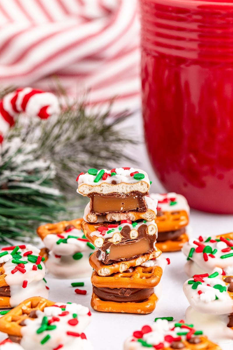 Christmas pretzel sandwiches on a white plate