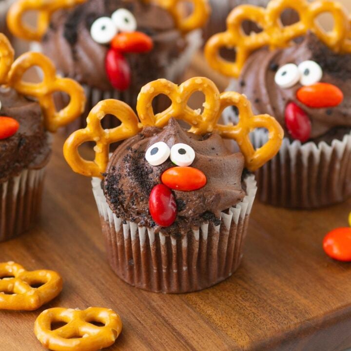 up close view of mini thanksgiving cupcakes made with mini pretzel twists, candy eyes and candies