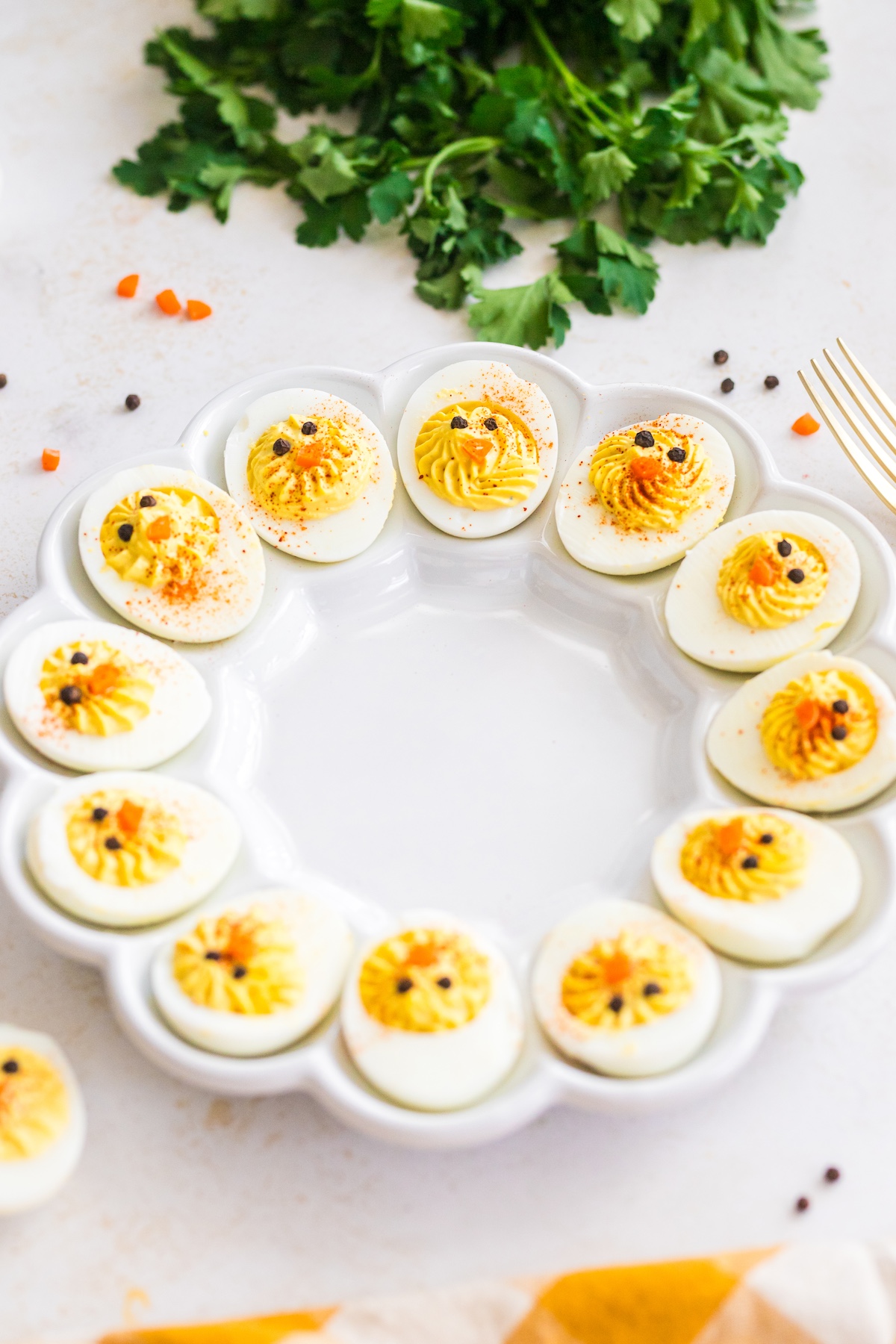 Baby Chick Deviled Eggs on a white plate