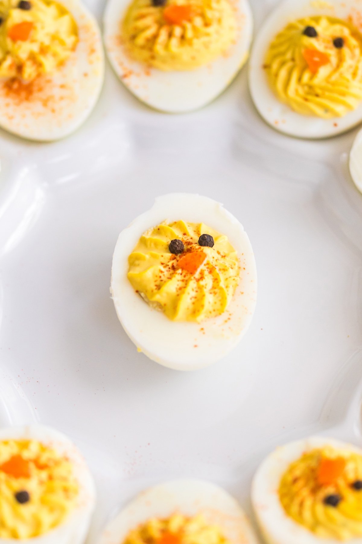 Baby Chick Deviled Eggs on a white plate