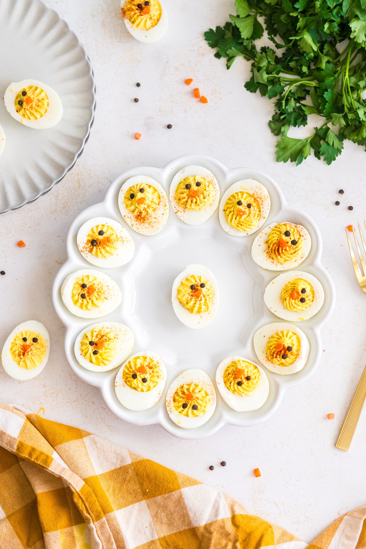 overhead image of Baby Chick Deviled Eggs on a white plate