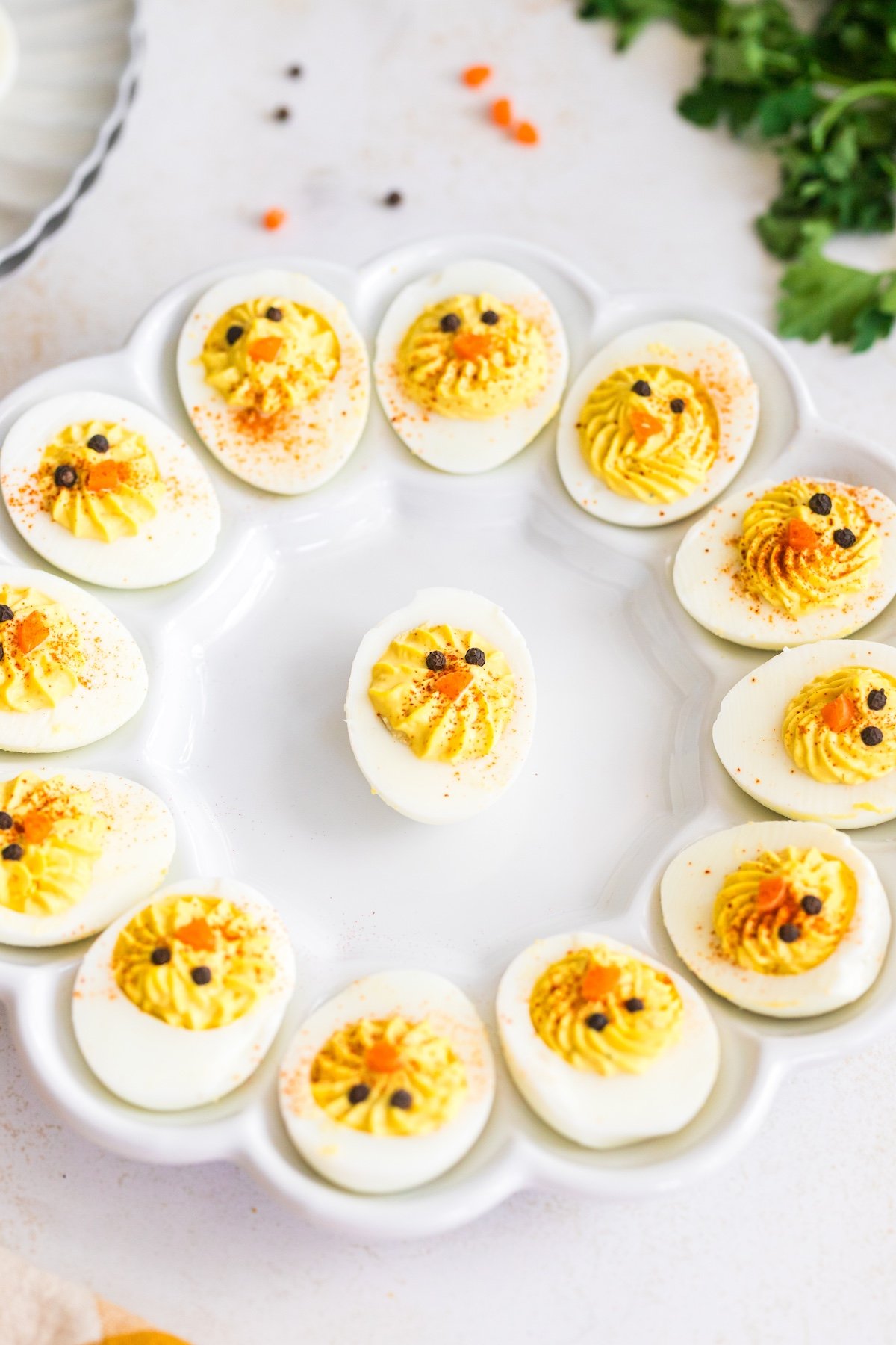 Baby Chick Deviled Eggs on a white plate