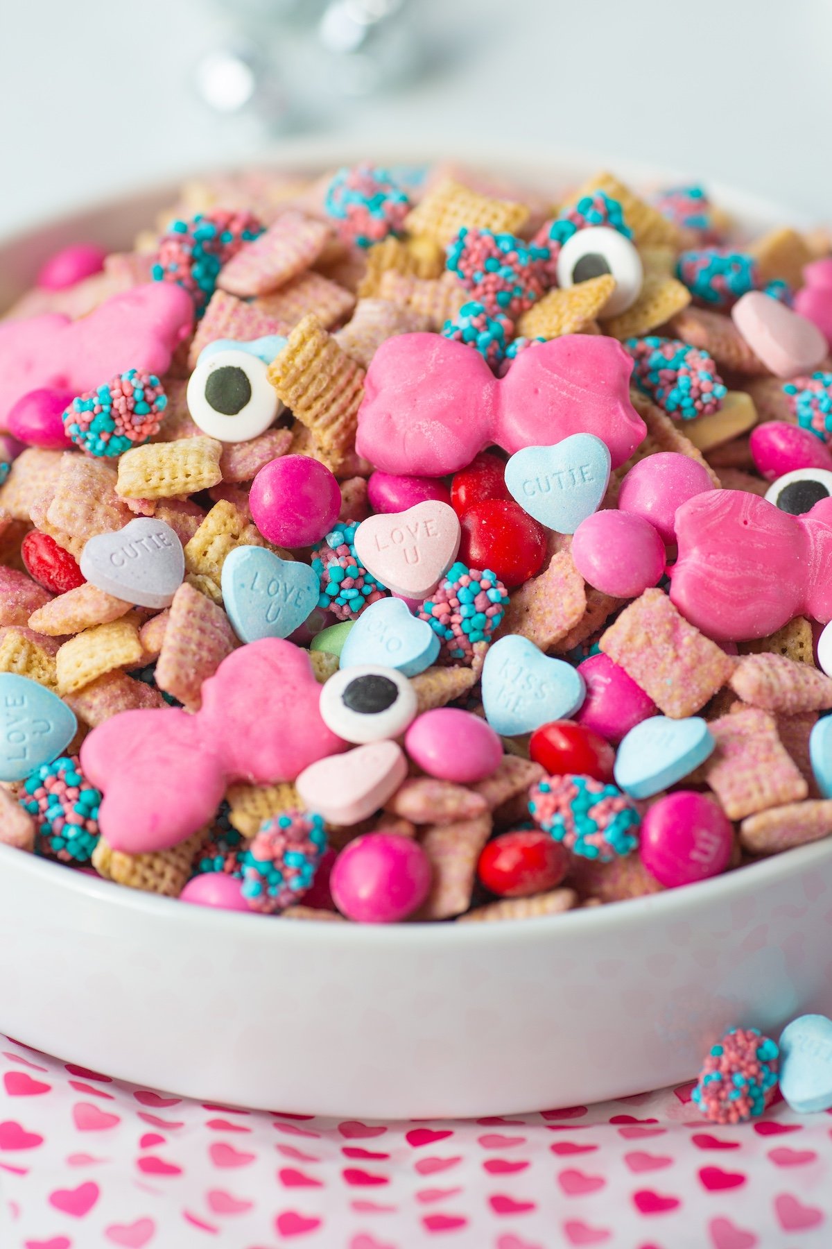 Monster High Snack Mix with pretzel bows in a white dish..