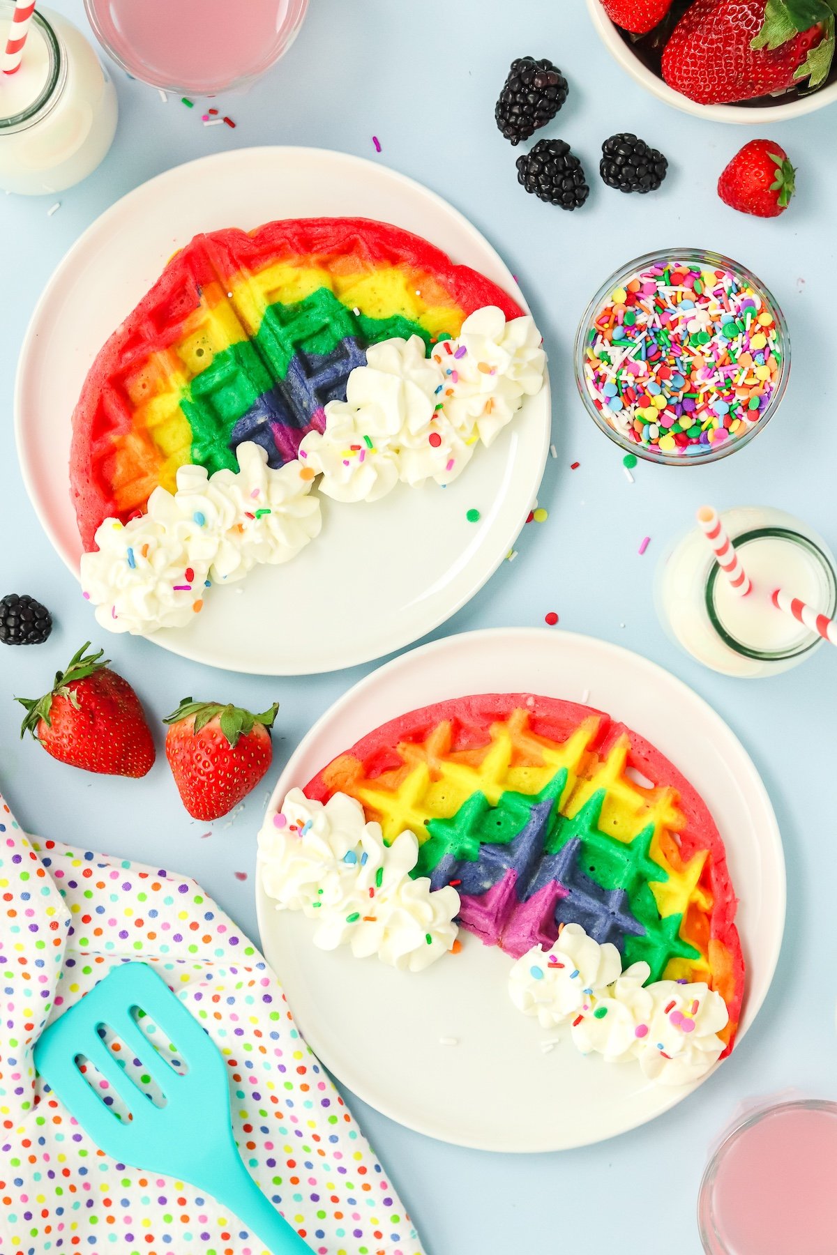 rainbow waffles on plates