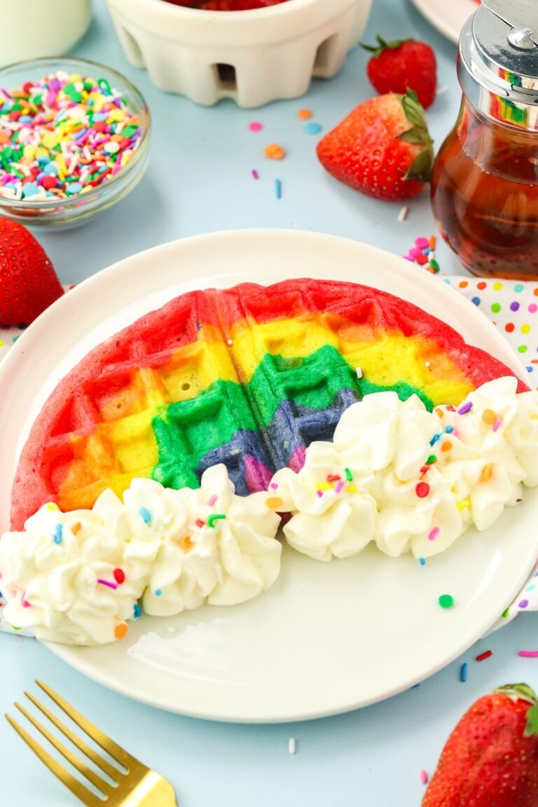 rainbow waffle on a white plate