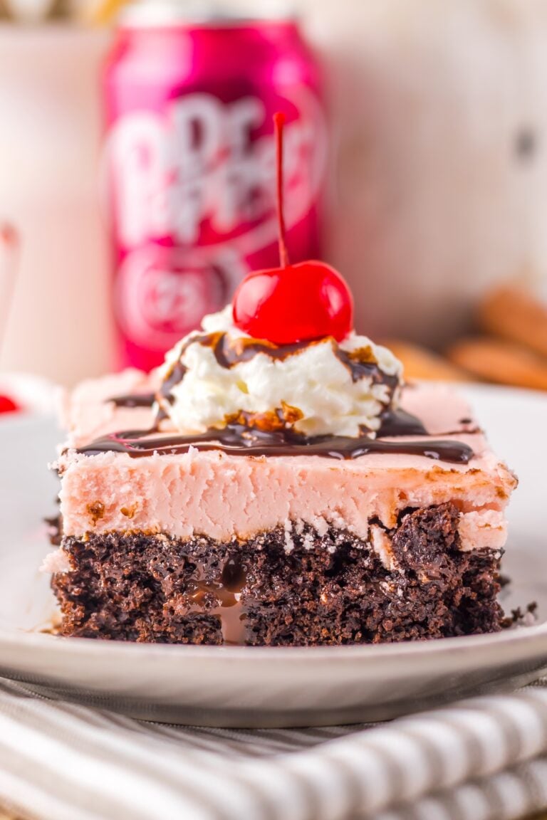 side view of dr pepper poke cake