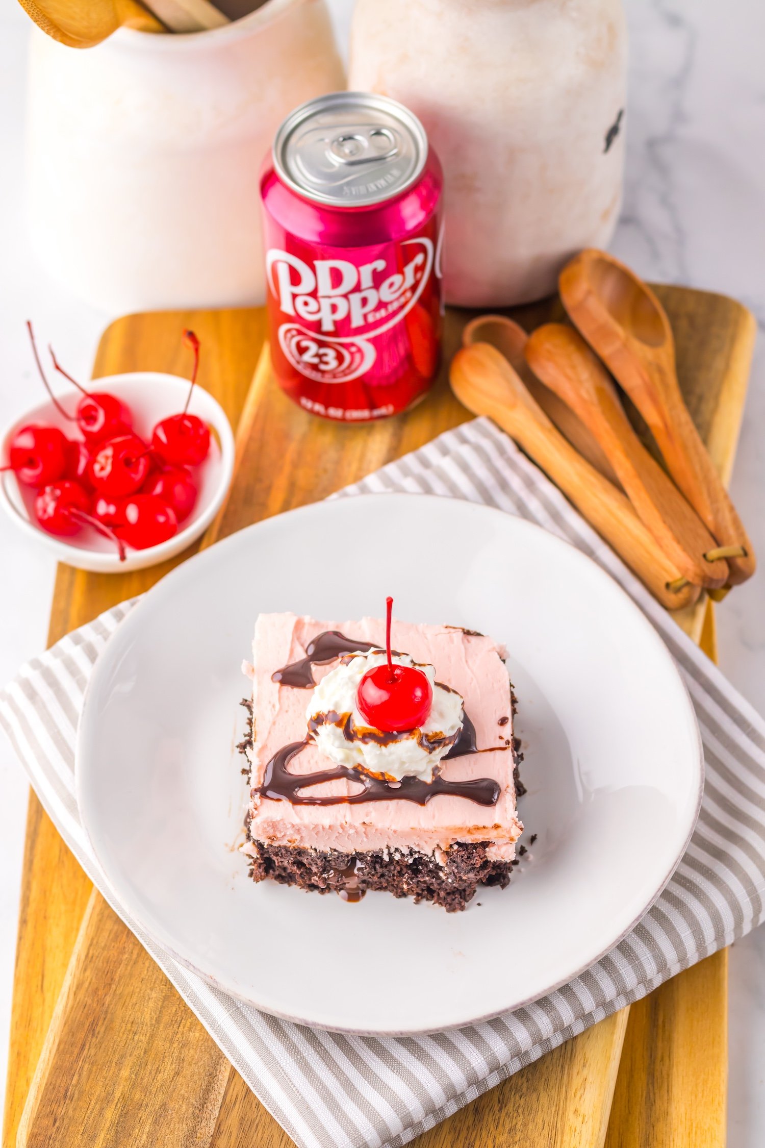 overhead view of dr pepper poke cake