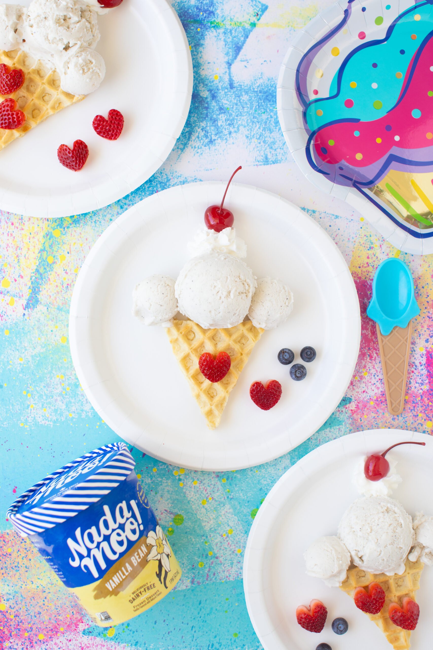 making ice cream sundaes using breakfast waffles