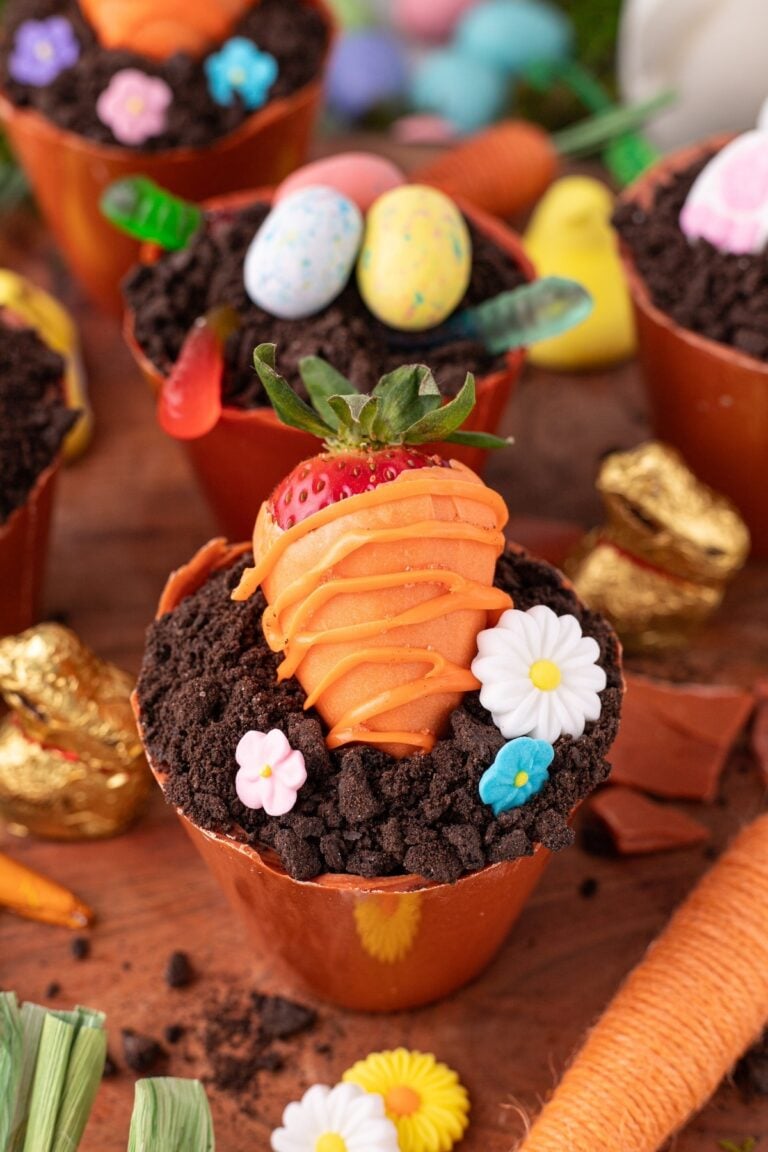 chocolate covered strawberry looking like a carrot on the flower pot cupcake