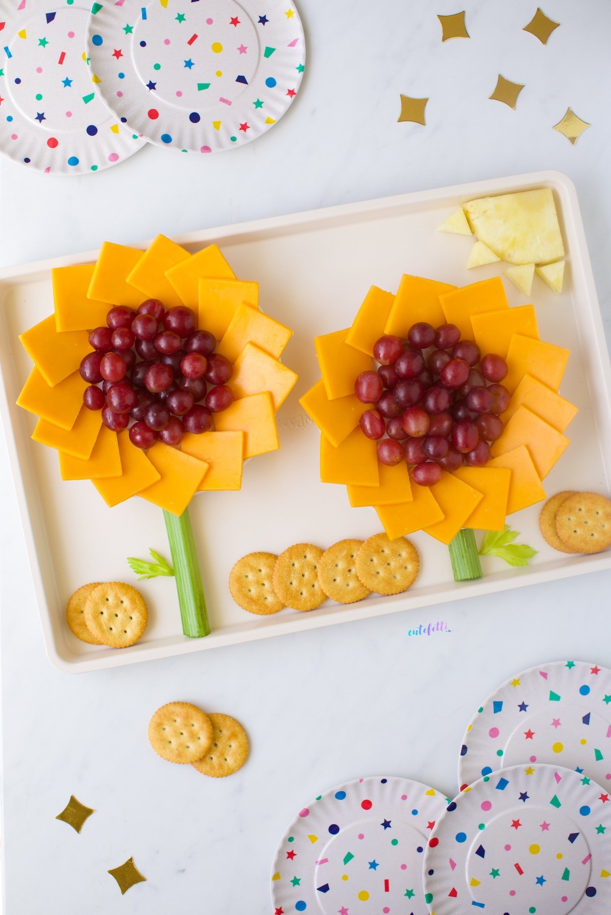 Baking Sheet Sunflower Tray with cheddar and grapes.