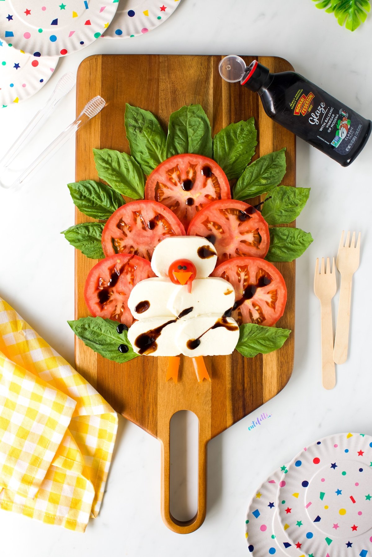 thanksgiving caprese turkey served on a board.