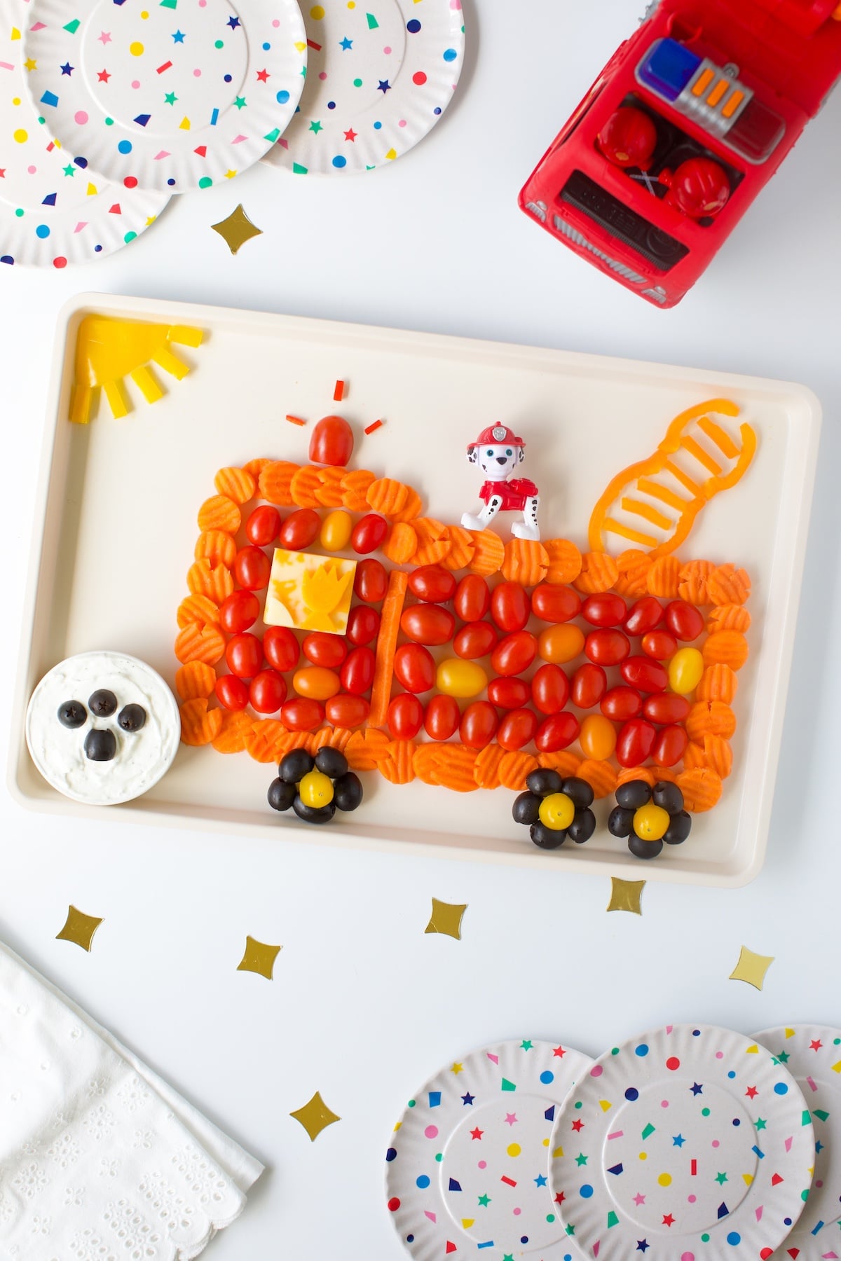 Fire Truck Vegetable Tray for Paw Patrol: Fire Rescue watch party. Marshall Toy.