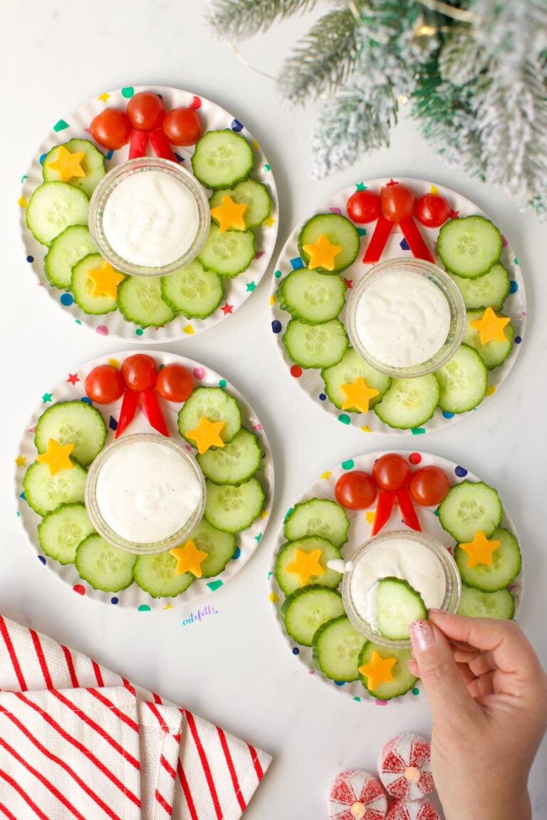cucumber Mini Wreath Snack Plates with pepper and cherry tomato bows
