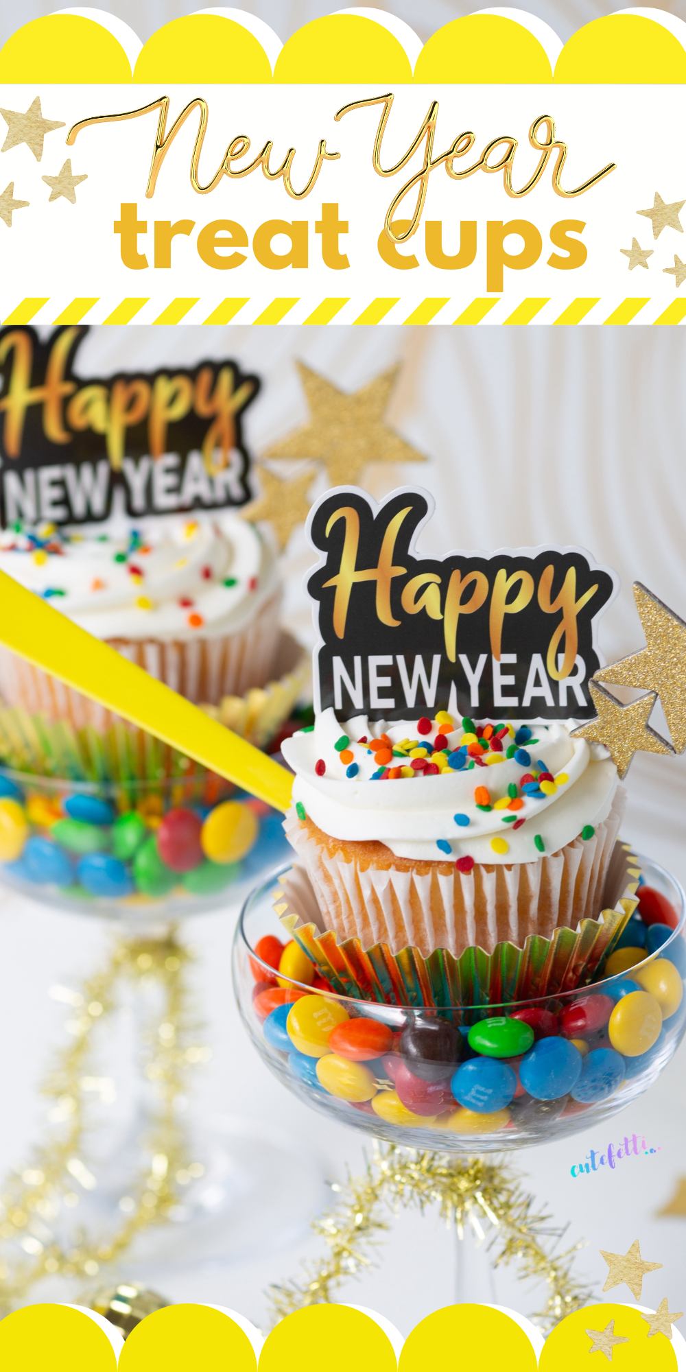 Ring in the new year with New Year’s Cupcake Candy Cups. Easy dessert to celebrate with using store-bought cupcakes and candy. Make fancy or simple.