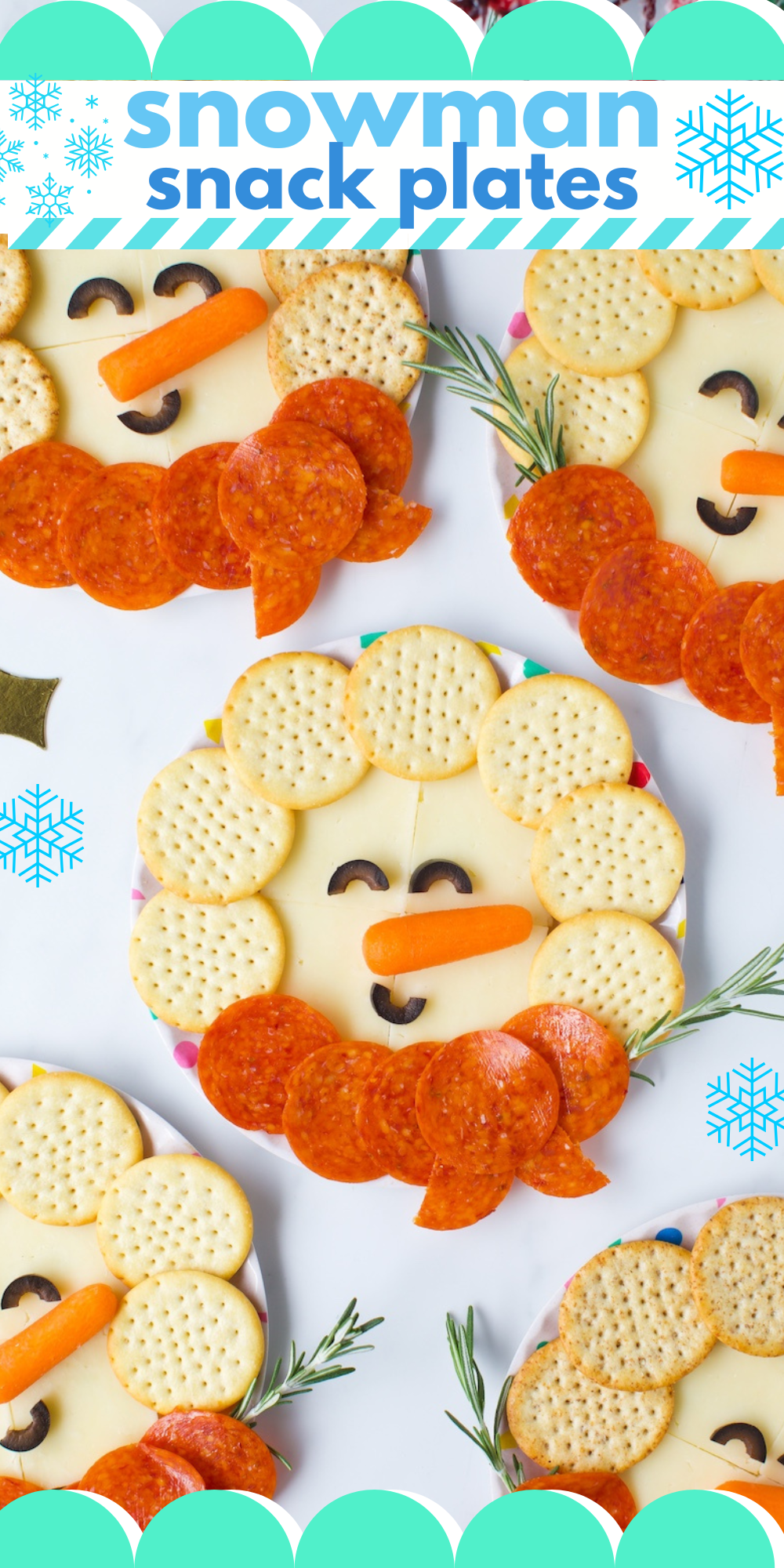 A fun and festive snowman snack made with cheese, crackers, pepperoni, and veggies. Perfect for winter parties or kid friendly treats.