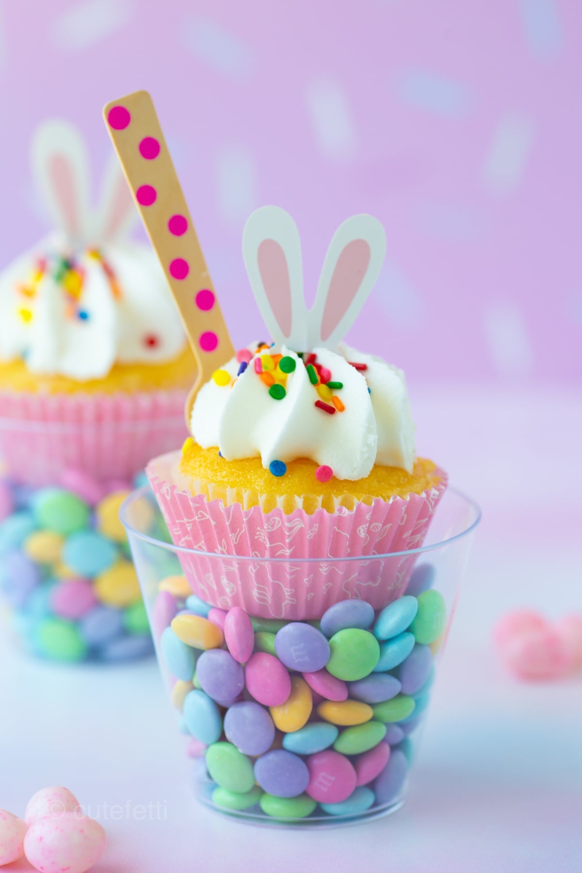 Bunny Cupcake Candy Cups for polka dot fork. Perfect Easter favors.