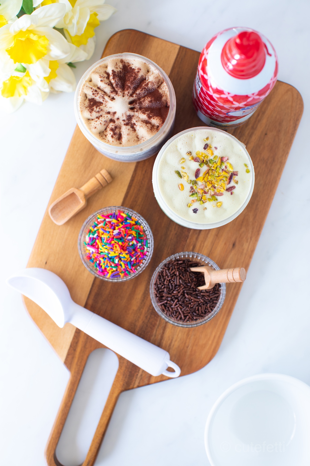diy gelato board with sprinkles and whipped cream.