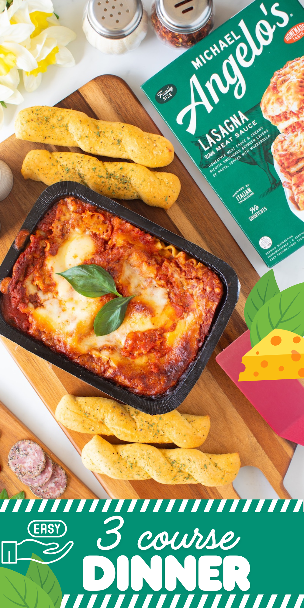 Easy 3 course meal idea with frozen lasagna, caprese appetizer and gelato bar.