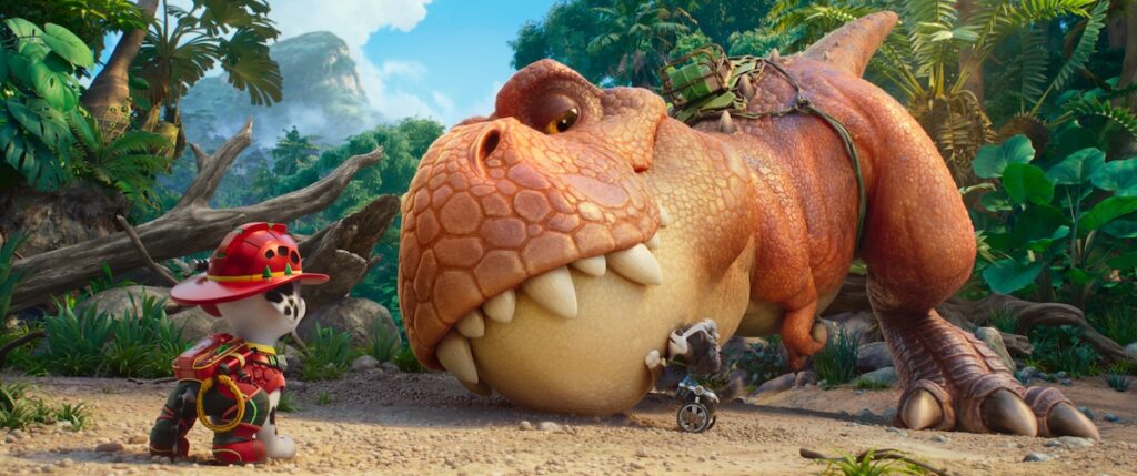 PAW Patrol Movie Still with dino and Marshall